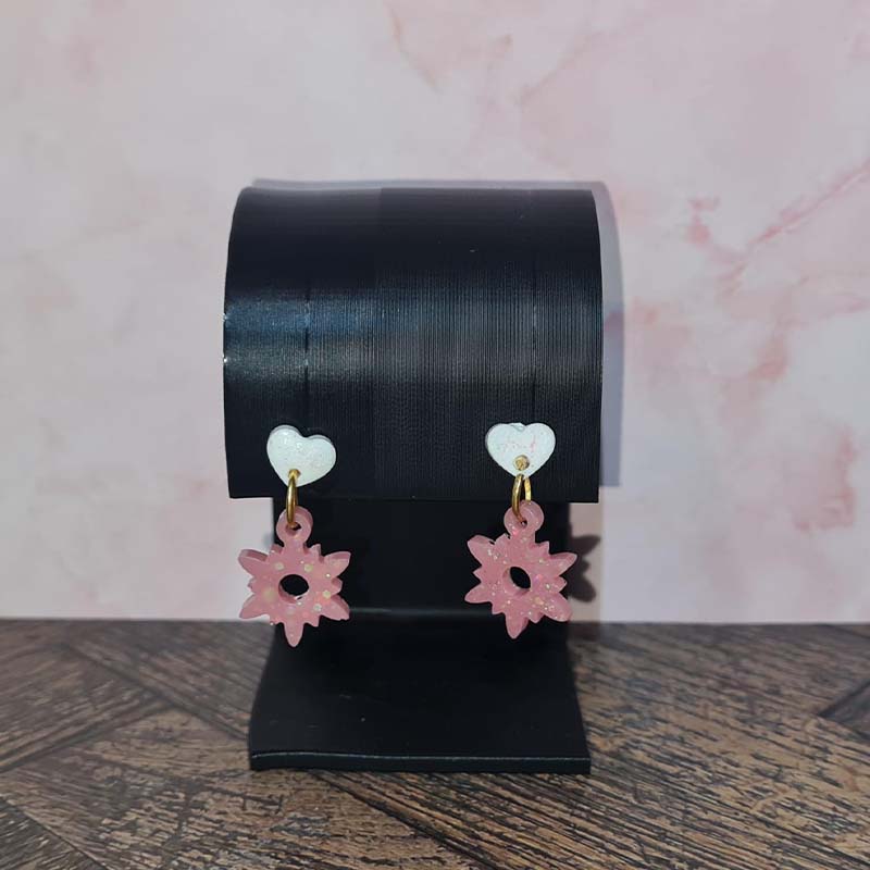 Pink Sparkle Snowflake Heart Christmas Earrings