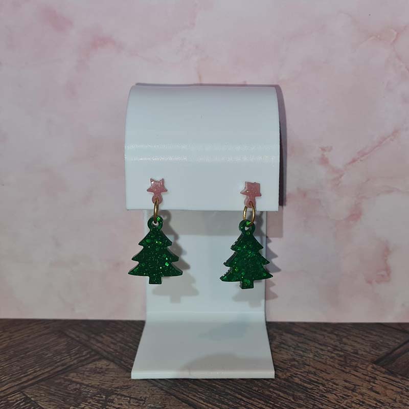 Pink Star Christmas Tree Earrings