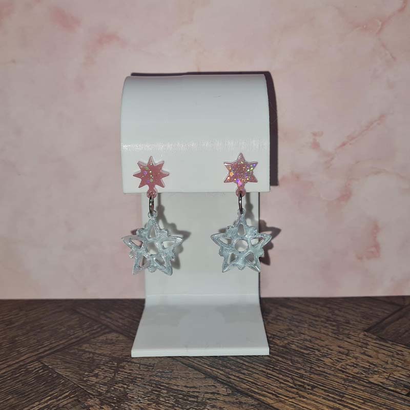 Pink Star Frosty Snowflake Christmas Earrings