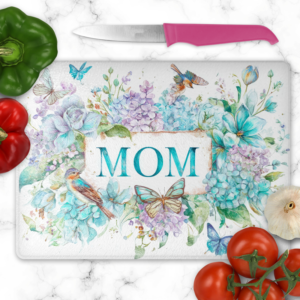 Mom Blue Floral Garden Glass Cutting Board